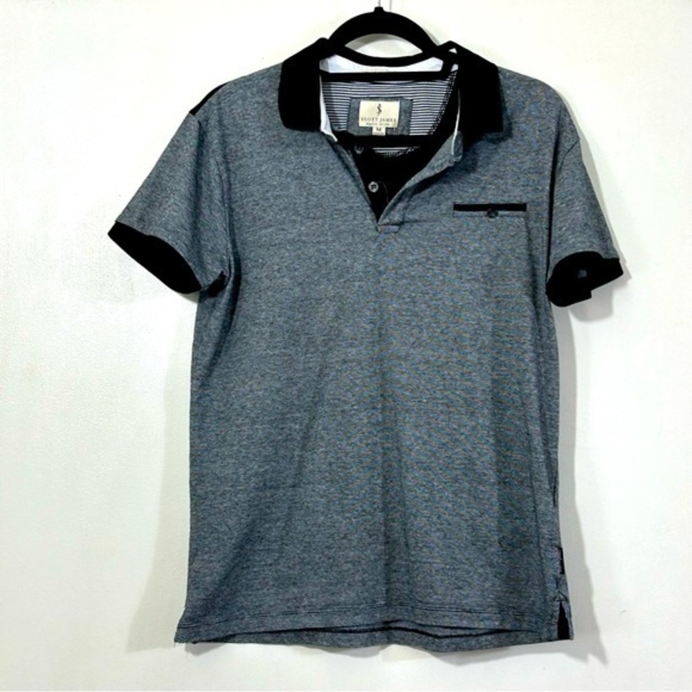 Scott James Black & White Stripe Short Sleeve Collared Polo- Size Medium